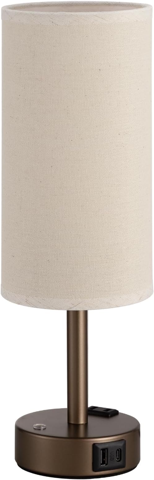 Touch Bedside Table Lamp with Memory - Stepless Dimmable Lamp for Bedroom, Small Nightstand Lamp with Dual USB Charging Ports and AC Outlet, Wood Night Light, Desk Lamp for Nursery (Beige & Brown)