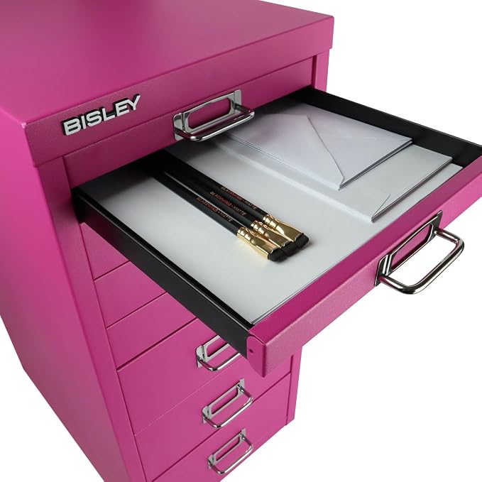 Bisley 8-Drawer Steel MultiDrawer Cabinet - Fuchsia | Chrome Pull Handles with Label Holders, Powder-Coated Steel, Removable Drawers, Fits Under Most Desks, Labels Included