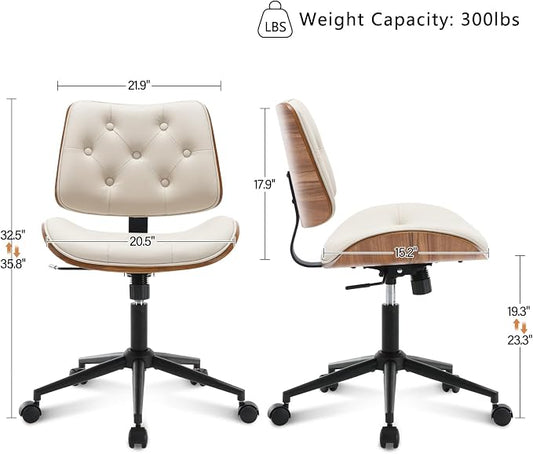 BV Armless Desk Chair with Wheels, 360 Swivel Home Office Chair No Arms, Height Adjustable Task Chair for Small Space, PU Leather Office Chair, Rolling Chair for Reading Room, Conference Room, Beige