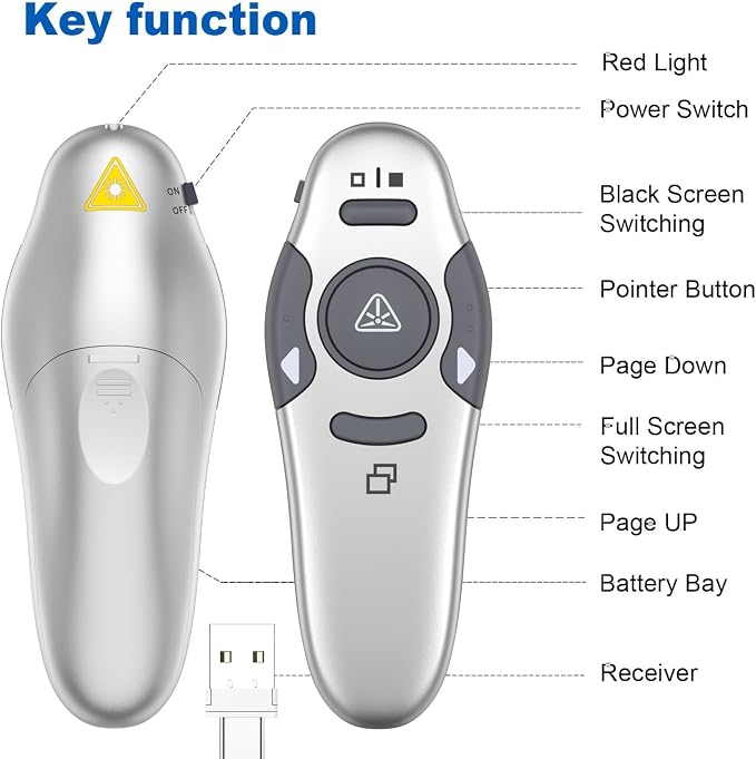 QUI Presentation Clicker Wireless Presenter Remote Clicker for PowerPoint Presentation Remote, PowerPoint Slide Advancer for Mac/Windows/Google Slide/Keynote, Silver, A-C