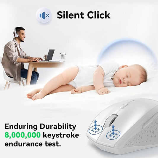 TECKNET Wireless Mouse, 2.4G Computer Mouse with 6-Level Adjustable 4800 DPI, 30 Months Battery, Ergonomic Grips, 6 Buttons Portable for PC, Chromebook, Mac - White