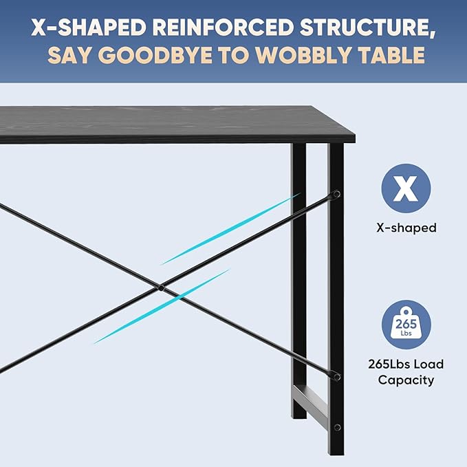 DUMOS 47 Inch Computer Desk for Home Office, Modern Writing Study Table Simple Modern Style for Bedroom Small Space, Large Work Desks with X-Shaped Reinforcement, Wood Brown