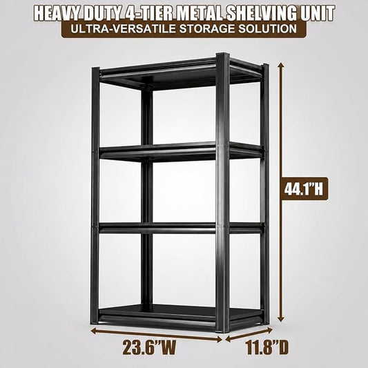 4 Tier Metal Bookshelf, Adjustable Tall Bookcase, Heavy Duty 2400 LBS Modern Deep Book Shelf, Bolt-Free Storage Shelves for Living Room, Home Office, Garage, 23.6" Wx 11.8" Dx 44.1" H