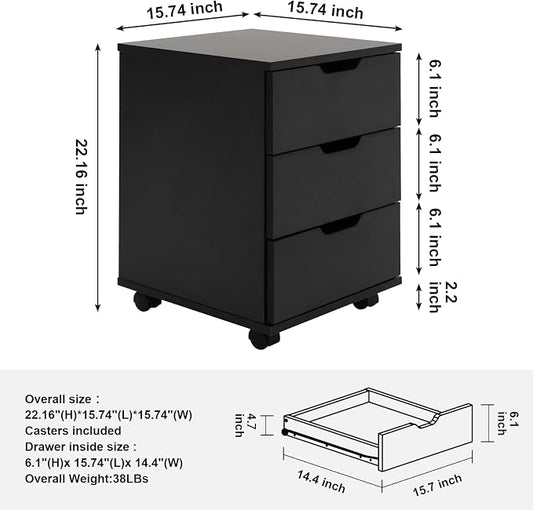 Farini 3-Drawer Vertical Filing Cabinet Rolling Wood Mobile File Cabinets Under Desk for Home Office with Casters,Black,Fully-Assembled