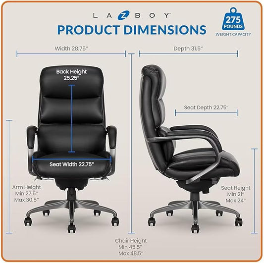 La-Z-Boy Aberdeen Ergonomic Executive Office Chair, Bonded Leather, Swivel, Reclines, Adjustable Arms, Lumbar Support, Black