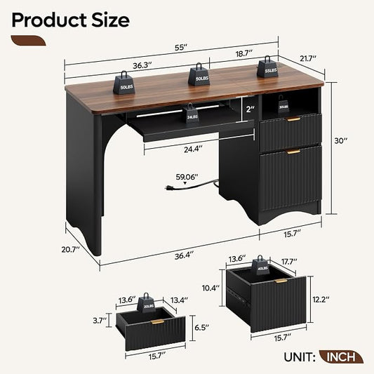 Bestier Computer Desk with Keyboard Tray, 55 inch Office Desk with Power Outlet, Modern Home Office Desk with File Drawer (Walnut with Black, 55" W with Single-Sided Drawers)