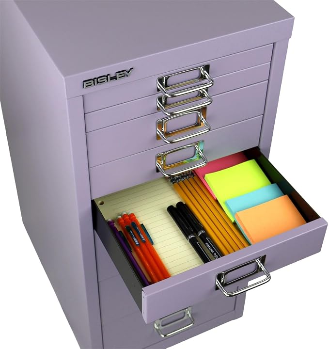 Bisley 8-Drawer Steel MultiDrawer Cabinet - Lilac | Chrome Pull Handles with Label Holders, Powder-Coated Steel, Removable Drawers, Fits Under Most Desks, Labels Included