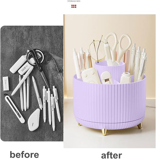 Pencil Pen Holder 5 Slots 360°Degree Rotating Pen Organizers for Desk Desktop Storage Stationery Supplies Cute Pencil Cup Pot Kids Desk Organizer for Office Home School(Purple 2)