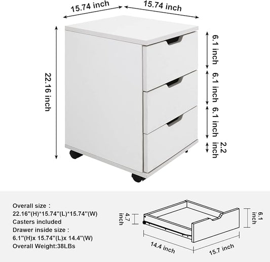 Farini 3-Drawer Vertical Filing Cabinet Rolling Wood Mobile File Cabinets Under Desk for Home Office with Casters,White,Fully-Assembled