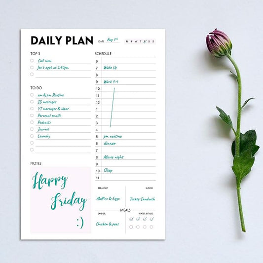 Daily Planner Notepad - A5 Calendar, Scheduler, Organizer with Priority, To Do List, Appointments, Notes, Meals and Water Intake Tracker, 50 Undated Tear-Off Sheets Planning Pad, 5.8"x8.25"