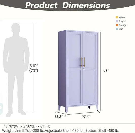 Metal Storage Cabinet with Lock,Purple Steel Tool Cabinet with 3 Adjustable Shelves,61 Tall Freestanding Heavy Duty Garage Locker for Laundry Living Room Bedroom