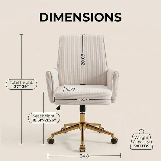 Stripes Velvet Home Office Desk Chair, Accent Upholstered Modern Height Adjustable Swivel Chair with Wheels,Ergonomic Task Chair for Living Room,Bedroom,Vanity,Study,Office(Cream)