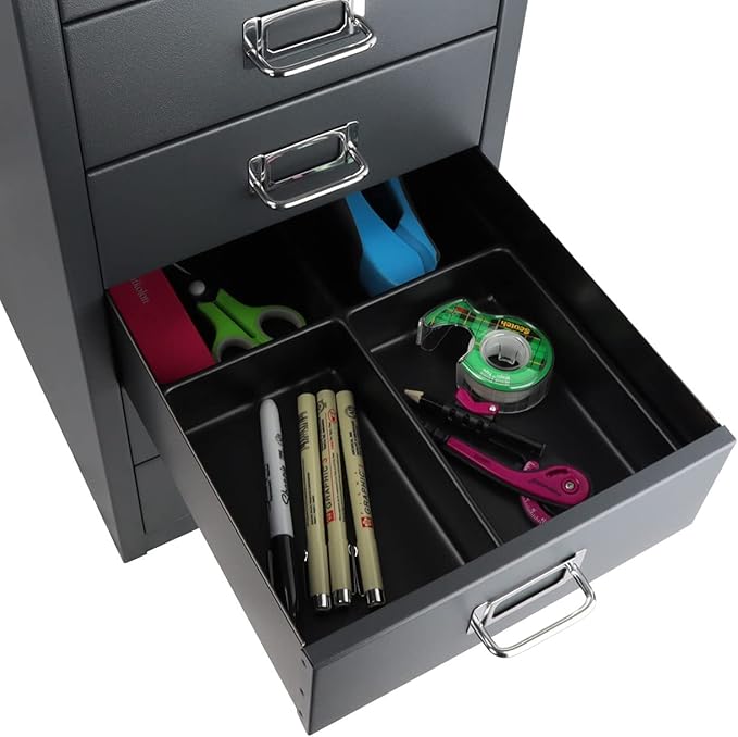Bisley 6-Drawer Steel MultiDrawer Cabinet - Anthracite Grey | Chrome Pull Handles with Label Holders, Powder-Coated Steel, Removable Drawers, Fits Under Most Desks, Labels Included