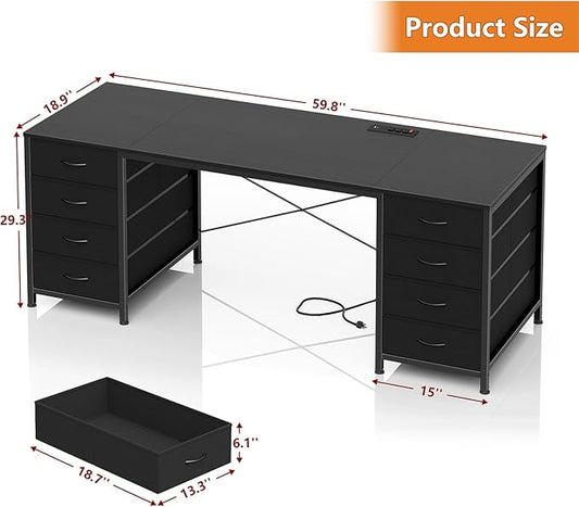 YOMILUVE 60 Inch Computer Desk with 8 Drawers, Home Office Desk with Power Outlets, Work Study Gaming Desk with 8 Fabric Drawers, Black