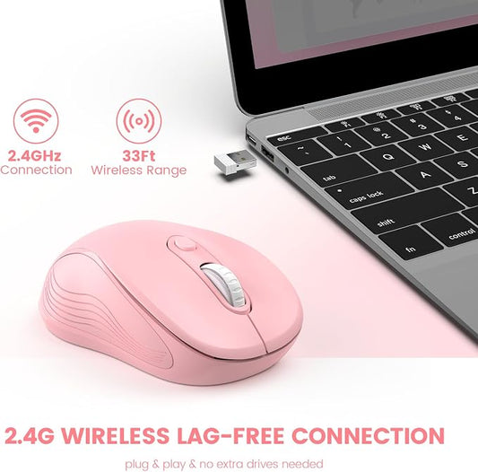WisFox 2.4G Wireless Mouse for Laptop, Ergonomic Computer Mouse with USB Receiver and Type-C Adapter, 3 Adjustable Levels DPI, 6 Button Cordless Wireless Mice (Blush Pink)