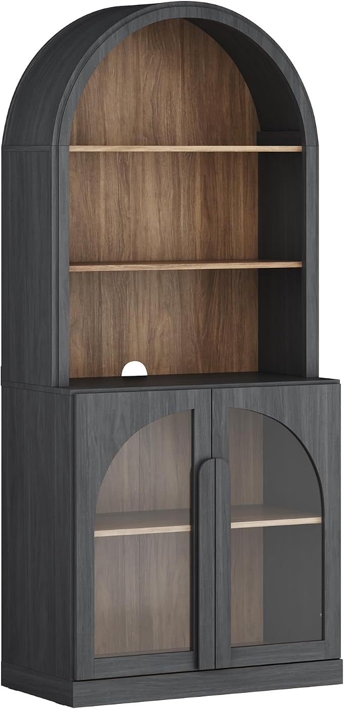 BELLEZE 71" Tall Storage Cabinet with Glass Door, Sideboard Buffet Cabinet with Adjustable Shelves for Pantry and Kitchen Organizing, 5-Tier Modern Storage Unit for Living Room Home Office, Ebony