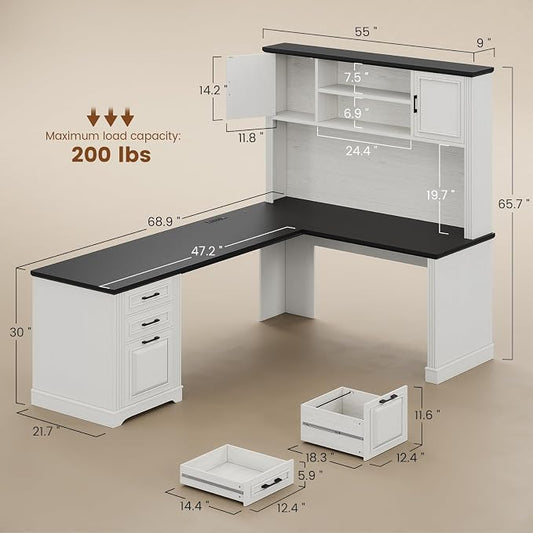 Itaar Farmhouse 68.9" L Shaped Desk with Hutch, Executive Home Office Desk with File Drawer and Power Outlet, Computer Corner Desk with Storage Cabinet, Workstation for Office Home, White