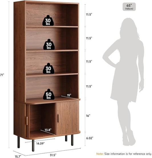 ONBRILL 71" Tall Bookshelf, 4-Tier Bookcase with Storage Cabinet & Adjustable Storage Shelf, Freestanding Wood Bookshelf with Sliding Door and Adjustable Footpad, for Home Office, Living Room, Walnut