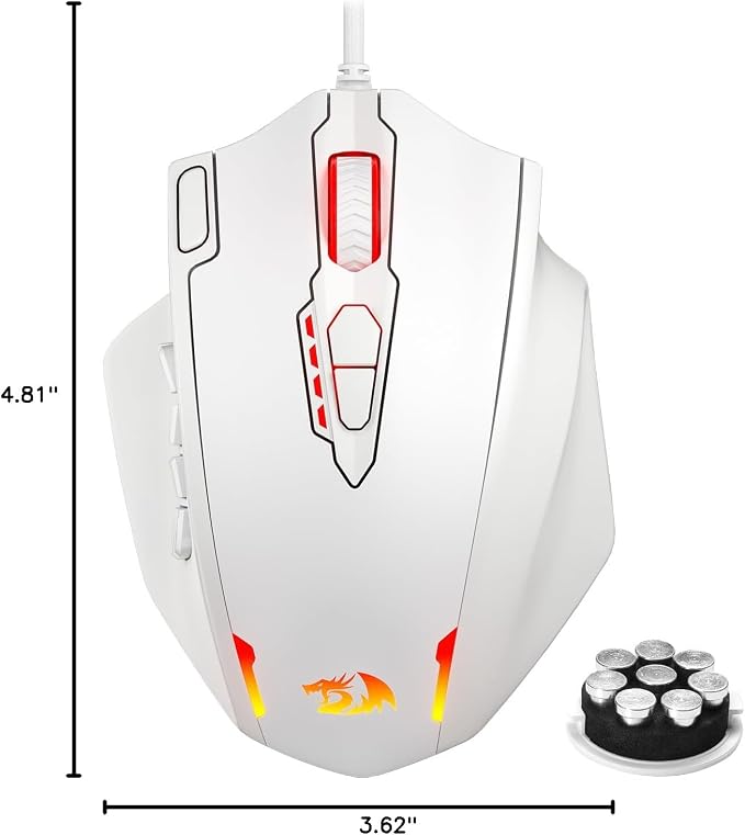 Redragon M908 Impact RGB LED MMO Gaming Mouse with 12 Side Buttons, Optical Wired Ergonomic Mouse with Max 12,400DPI, High Precision, 18 Programmable Macro Shortcuts, Comfort Grip, White