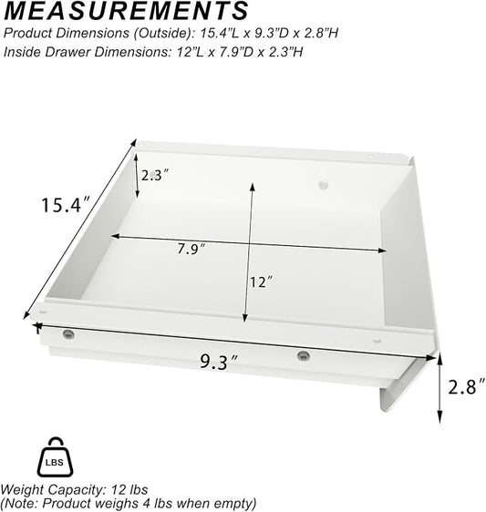White Under Desk Mounted Sliding Drawer with 60 Degree Tilt Panel to pull out, 15'' long & 9'' deep Large Storage Organizer for Sit Stand Workstation
