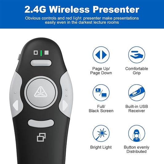 QUI Presentation Clicker Wireless Presenter Remote Clicker for PowerPoint Presentation Remote, PowerPoint Slide Advancer for Mac/Windows/Google Slide/Keynote, Black, A-C