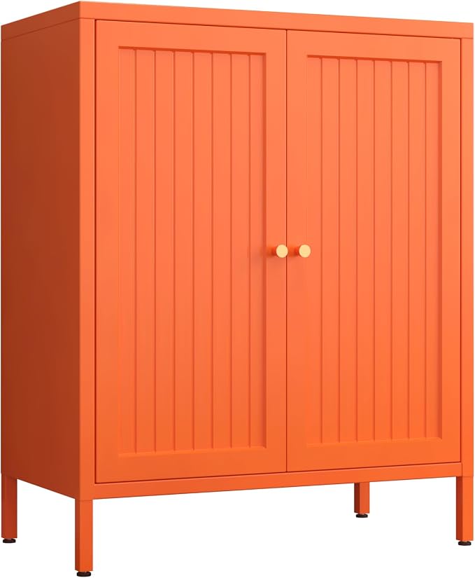 2 Door Metal Storage Cabinet-Small Bathroom Storage Cabinet with 1 Adjustable Shelf,Freestanding Sideboard for Home Office, Living Room, Hallway, Entryway(Striped Door, Orange)