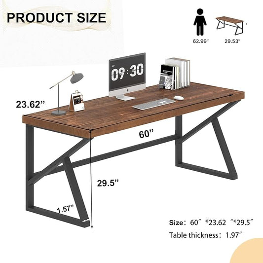 IBF Solid Real Wood 55 Inch Office Computer Desk, Rustic Writing Study Table for Student, Natural Wooden and Metal Gaming Home Office Desk, Rustic Industrial Executive Work Desk Workstation, Brown