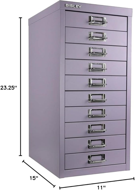 Bisley 10-Drawer Steel MultiDrawer Cabinet - Lilac | Chrome Pull Handles with Label Holders, Powder-Coated Steel, Removable Drawers, Fits Under Most Desks, Labels Included