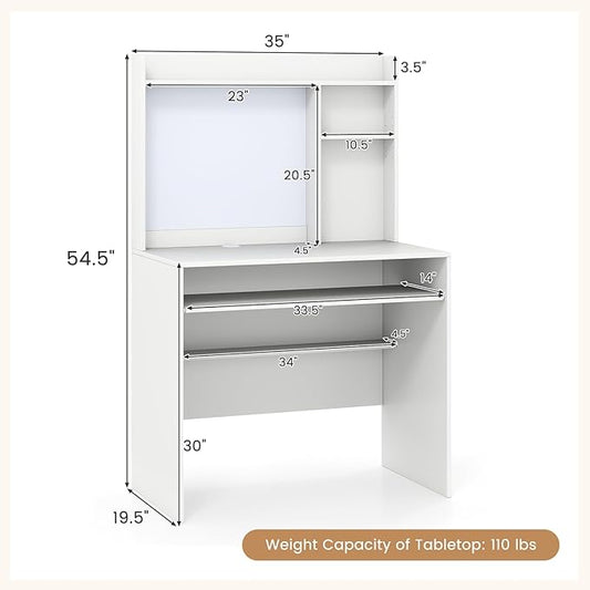 Tangkula Computer Desk with Hutch, Space Saving Laptop Desk with Magnetic Whiteboard, Keyboard Tray, Storage Shelves, Cable Holes, Home Office Desk with Bookshelf, Modern Writing Table (White)