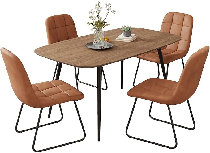 HIPIHOM 47.2'' Dining Table Set for 4,Modern Wood Dining Table,Leather Dining Chairs 4,Table and Chairs Set of 4,Ideal for Kitchen Dining Room (Walnut Color Table + 4 U-Shaped Brown Chairs, 47.2")