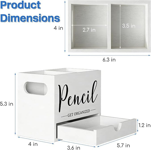 Pen Holder for Desk, Wood Pencil Organizer with Drawer, 2 Slots Dual-Purpose Desk Organizers Marker Holder Art Supplies for Home, Office(White)