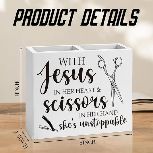 Hairstylist Gifts, Hairdresser Gift for Women Men Friend Employee Rustic with Jesus in Her Heart and Scissors in Her Hand Wooden Box Holder Home Hair Salon Barbershop Decor