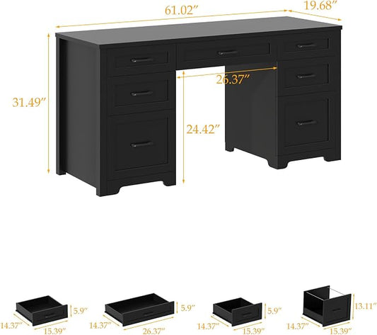 Vabches Farmhouse 61'' Executive Desk with 7 Drawers, Rustic Office Desk Computer Table with File Drawers, Wood Workstation for Study and Home Office,Pure Black
