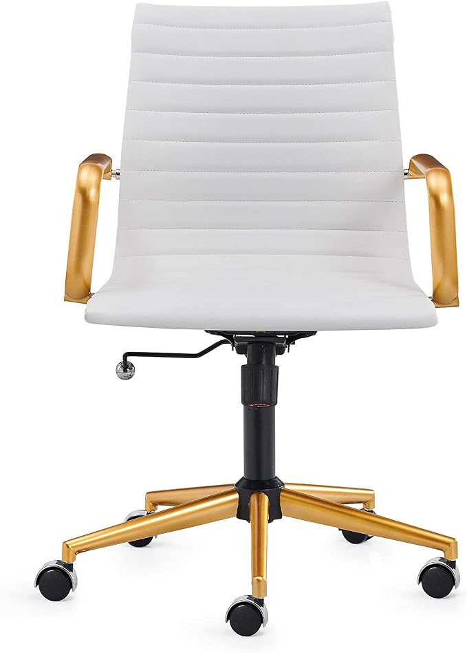 Office Chair with Arms, White and Gold Faux Leather Desk Chair, Adjustable Swivel Task Seating for Women, Vanity Room and Home Office