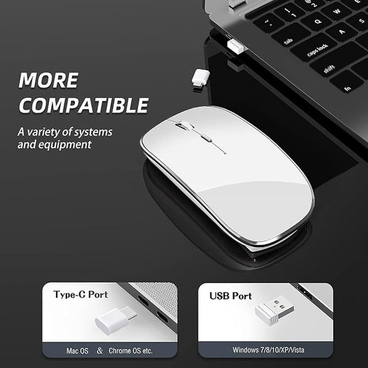 Halpilt Wireless Mouse Chargeable Portable Silent USB-A and Type-C Dual Mode 3 Adjustable DPI for Laptop, PC (Q23S White)