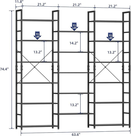 NUMENN Triple Column 6 Tier Bookshelf, Bookcase with 17 Open Display Shelves, Adjustable Rustic Industrial Style Book Shelves, Modern Bookshelves for Bedroom, Living Room and Home Office, Black
