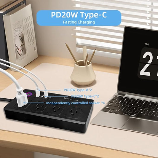 XENON Smart Plug Power Strip,Surge Protector with 4 Individually Controlled Smart Outlets, Voice Control,4 USBs (incl. 20W USB-C), Compatible with Alexa and Google Home,5Ft Extension Cord