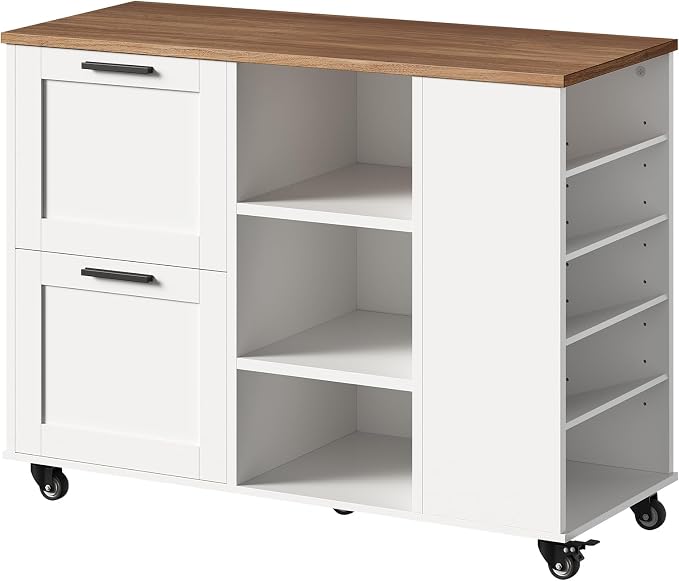 Lateral File Cabinet, 2 Drawers Mobile Filing Cabinet for Home Office, Printer Stand with Adjustable Open Shelves, with Locking Casters, fit Legal/Letter/A4 Files, Walnut and White
