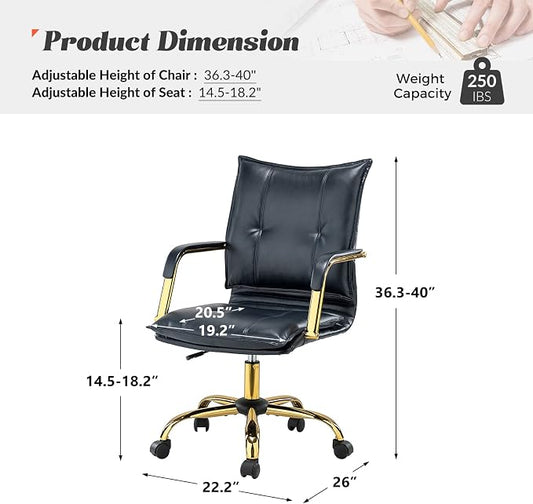HULALA HOME Faux Leather Home Office Desk Chair, Adjustable Swivel Computer Chair with Golden Legs and Arms, Comfy Upholstered Task Chair, Navy