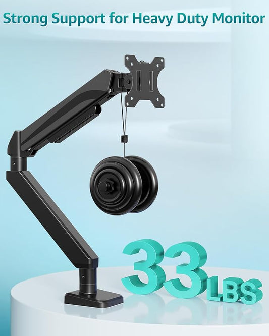 Heavy Duty Single Monitor Arm for Max 42 Inch Screens, Monitor Mount for Desk Supports 4.4-33 lbs, Height Adjustable Ultrawide Monitors Stand with C-Clamp & Grommet Base, VESA Mount 70/100