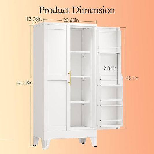 White Pantry Storage Cabinet, 48" Kitchen Pantry with Doors and 3 Adjustable Shelves, Metal Freestanding Buffet Cupboards Sideboard, for Office, Home, Garage, School