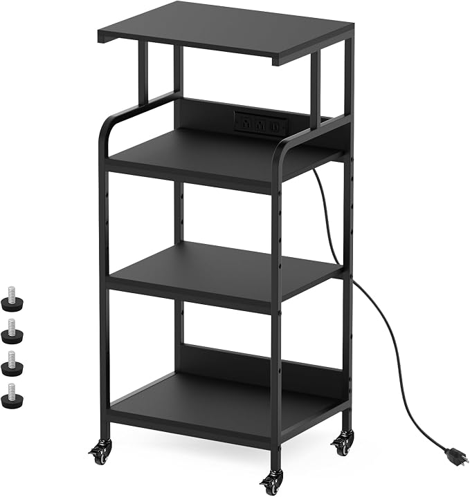 Black 4 Tier Adjustable Shelf Mobile Printer Stand Rolling Storage Cart | Space saving design fits small home office spaces supports scanner cricut heat press fax machine and other office equipment
