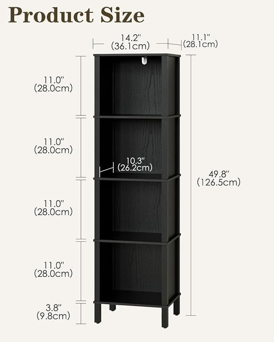 Bookshelf, Modern 5-Tier Bookcase, Open Storage Book Shelf, 11 × 14.2 × 50.4 Inches, Small Narrow Bookshelves for Living Room, Home Office, Bedroom, Black
