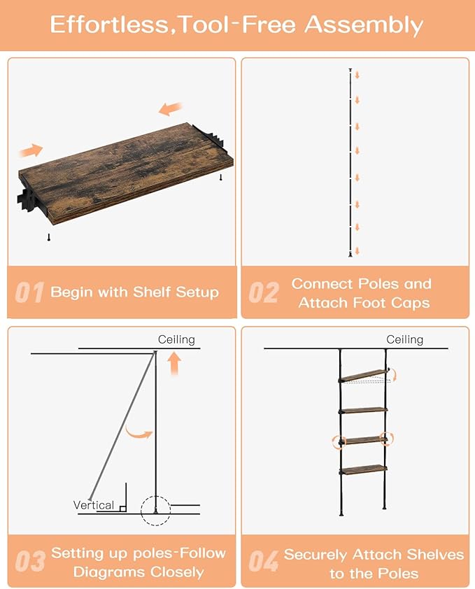 ALLZONE Adjustable Tall Narrow Bookshelf, 4-Tier Floor-to-Ceiling Tension Mount Ladder Book Shelf with Storage for Versatile Uses, Fits 64-113 Inch Ceilings, 20.28-Inch Wide Wood Shelves, Rustic Brown