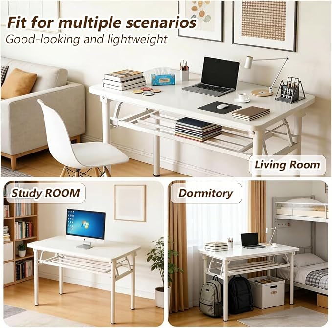 Folding Desk for Small Spaces, 39.4 Inch Foldable Computer Desk, No Assembly Required, Space Saving Portable Study Table for Compact Home Office, Bedroom, Dorm, Apartment, White