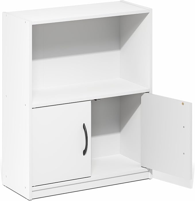 Furinno Gruen Book Shelf, 2-Tier Small Bookshelf, Bookcase with Open Shelf and Doors Storage Cabinet, 9.3 x 21.8 x 27, for Organization and Storage, for Living Room, Bedroom, Home Office, White