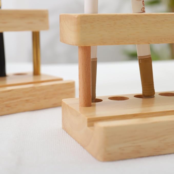 Pencil & Pen organizer for Desk,Wooden pen holder with Phone Stand for Office & Home,Solid Walnut Pencil Display Stand (Single-row - Natural Wood)