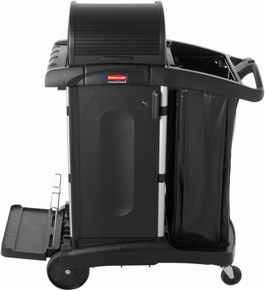 Rubbermaid Commercial High Security Housekeeping Janitorial Cart with Wheels, Yellow Vinyl Bag, Locking Hood and Cabinets for Commercial Facility/Hotel/Stadium/School/Office