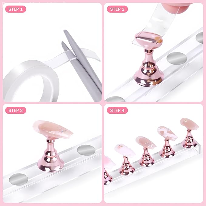 JUSTOTRY 2 Sets Pink Nail Painting Practice Stand With 1M Double-sided Tape Acrylic Fake Nail Art Holder For Press Ons Magnetic Nail Display Design Tools Kit Accessories For Home Diy Salon Supplies