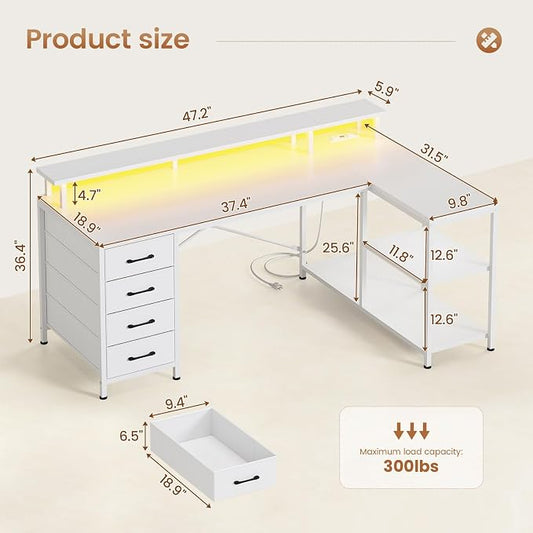 SEDETA L Shaped Desk with 4 Drawers and Storage Shelves, L Shaped Gaming Desk with LED Lights & Power Outlets, Computer Desk with Shelves & Drawer, Corner Desk Home Office Desk, White